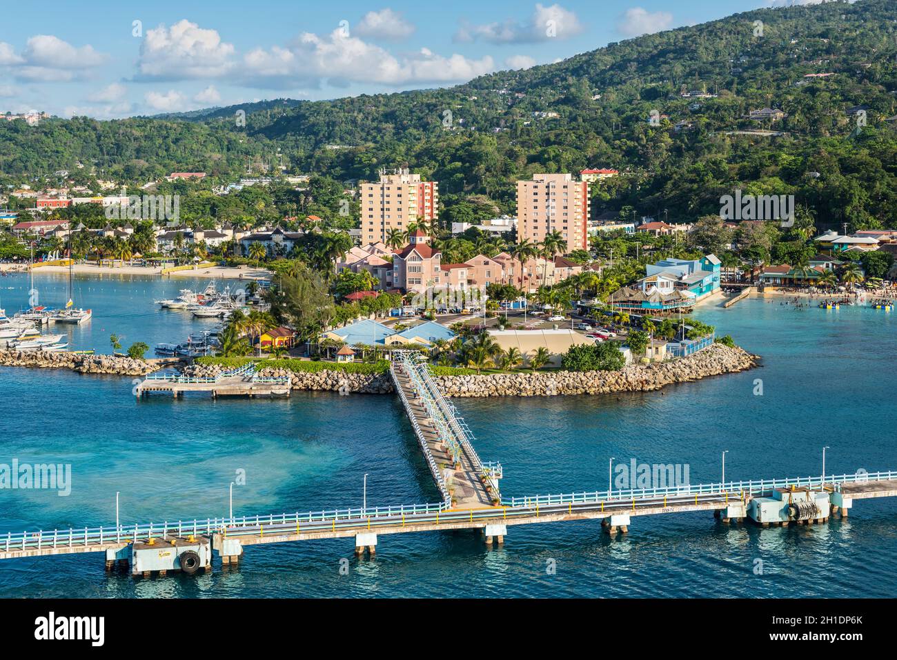 Ocho Rios, Jamaica - April 22, 2019: View from the ship to the Cruise terminal in the tropical Caribbean island of Ocho Rios, Jamaica. Stock Photo
