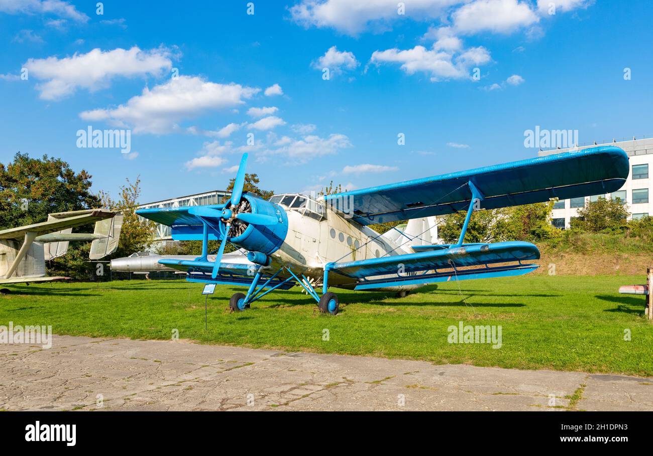 A picture of a WSK An-2R Agricutural Plane on the grounds of the Polish Aviation Museum. Stock Photo