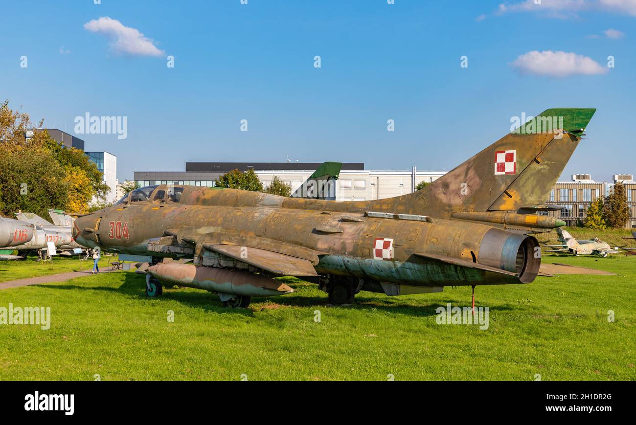 A picture of a Sukhoi Su-22UM3k fighter jet on the grounds of the Polish Aviation Museum. Stock Photo