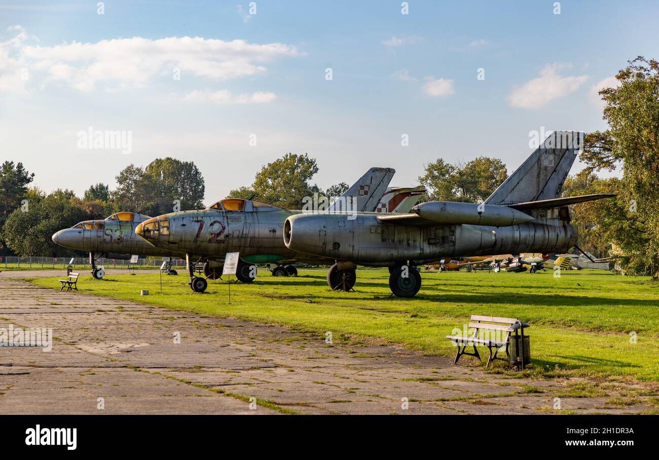 A picture of an Ilyushin Il-28R and an SIl-28 on the grounds of the Polish Aviation Museum. Stock Photo