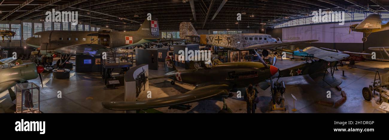 A panorama picture of the main hangar of the Polish Aviation Museum. Stock Photo