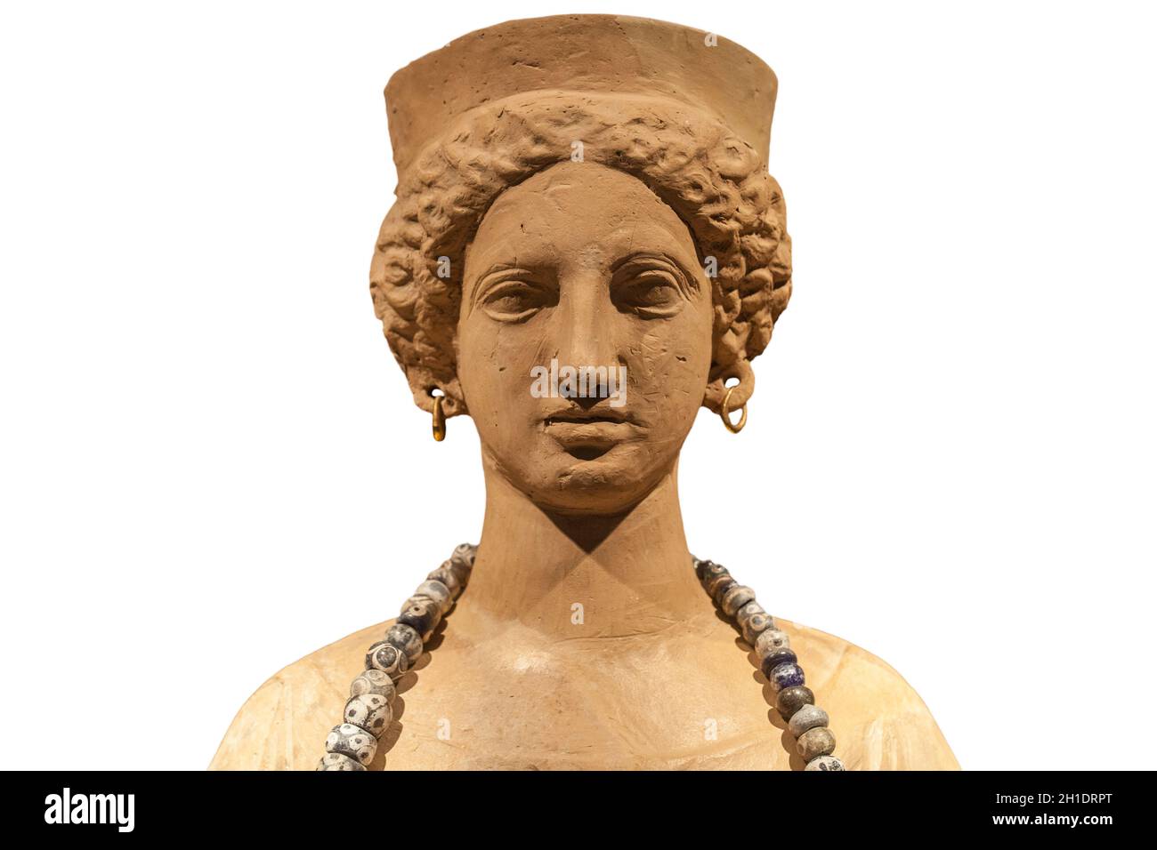 Barcelona, Spain - Dec 27th, 2019: Carthaginian goddess Tanit. Bust Garnished with jewelry. Catalan Museum of Archaeology, Barcelona, Spain Stock Photo