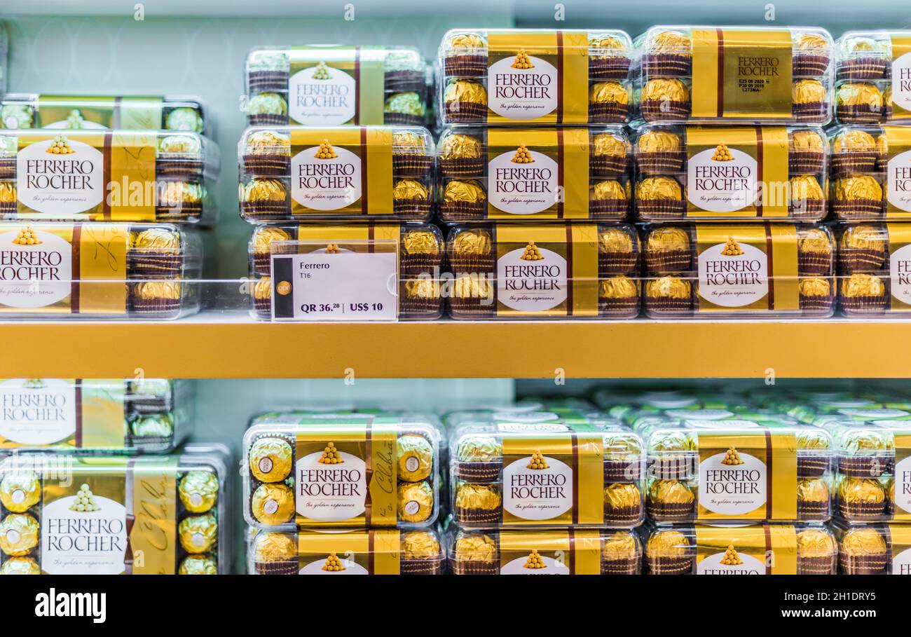 DOHA, QATAR FEB 28, 2020 Boxes of Ferrero Rocher premium chocolate sweets put up for sale in