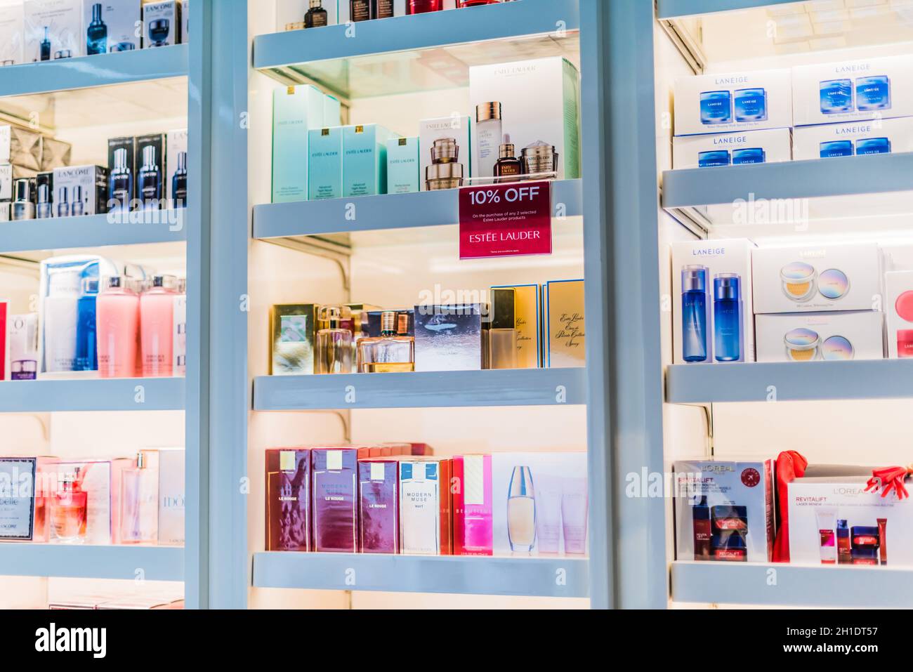 DOHA, QATAR FEB 28, 2020 Cosmetics and skincare products on a store shelf at Hamad