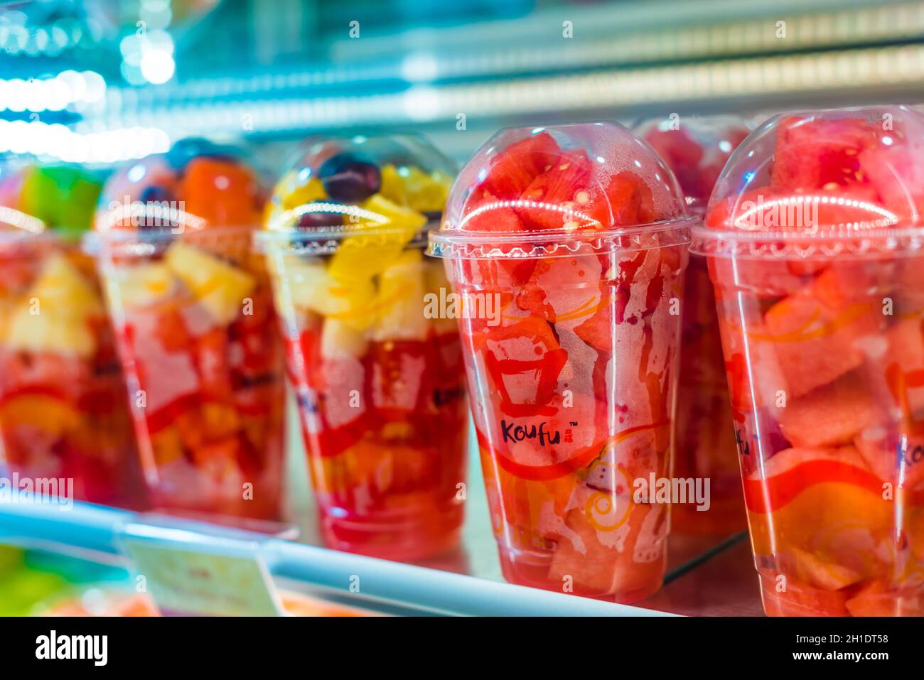 SINGAPORE MAR 3, 2020 Prepackaged fruits put up for sale in a