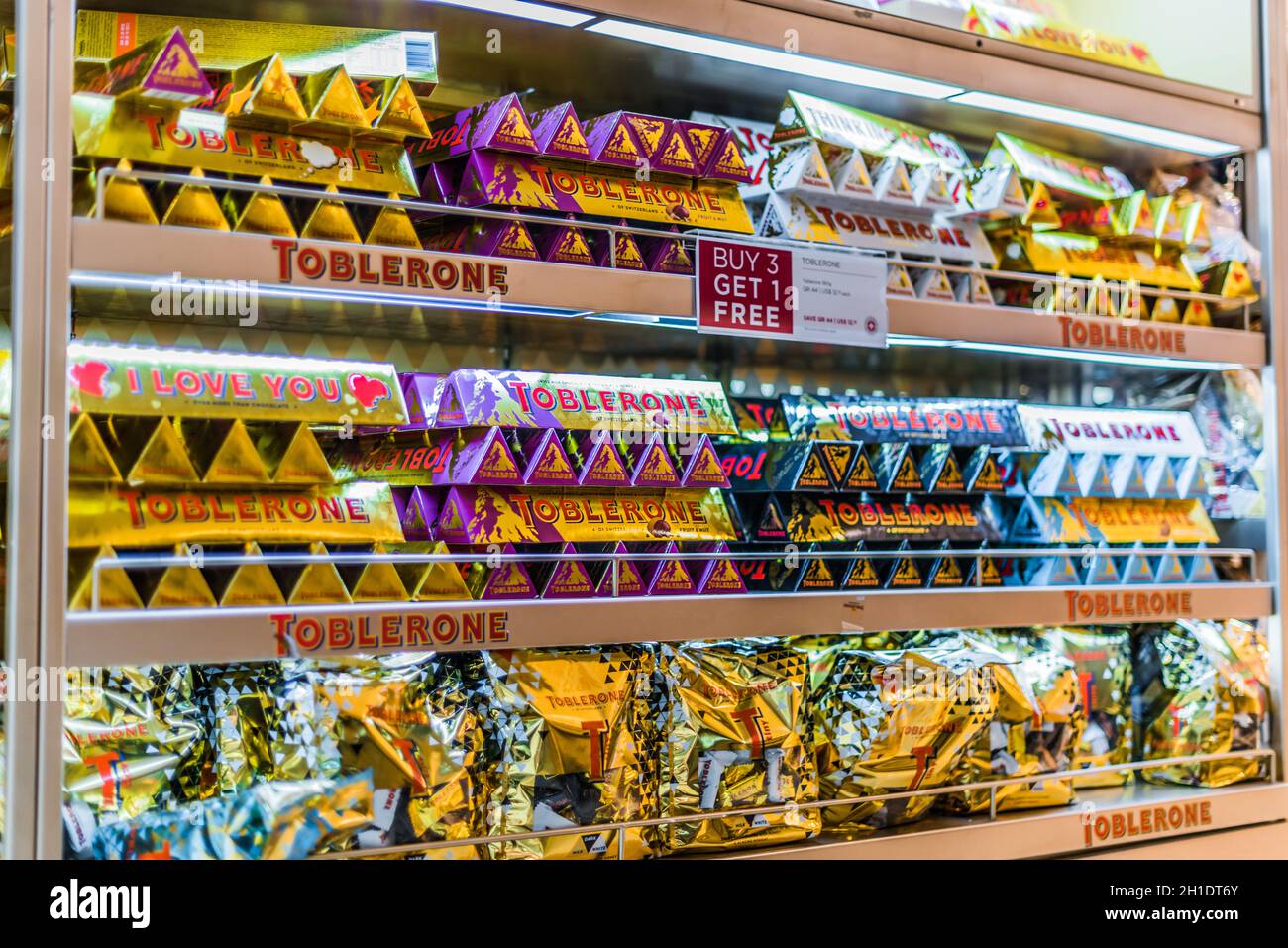 DOHA, QATAR FEB 28, 2020 Bars of Toblerone, a Swiss chocolate brand