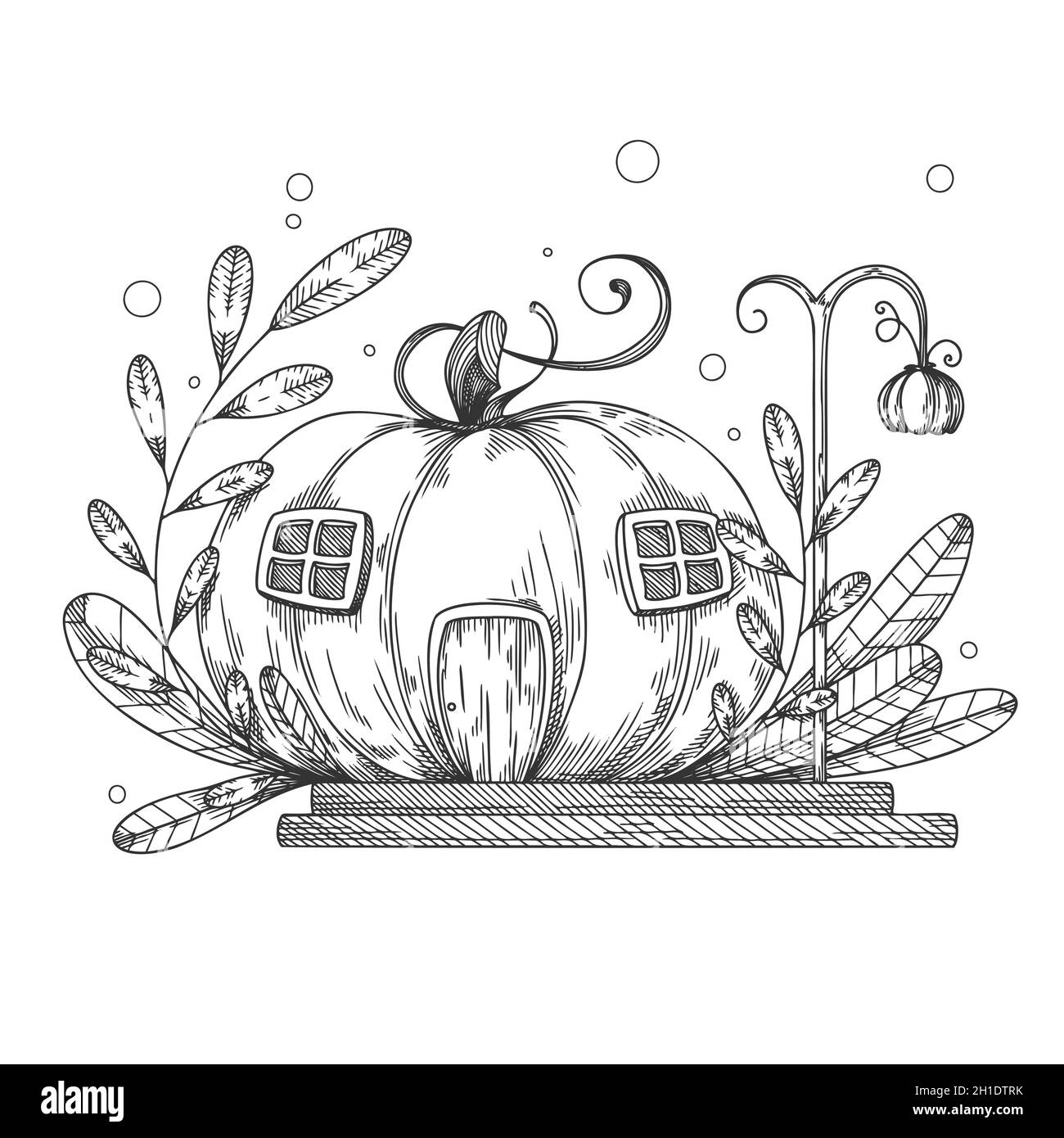 Sketch of a fantastic pumpkin house. Cartoon pumpkin gnome house. Vector illustration. Stock Vector