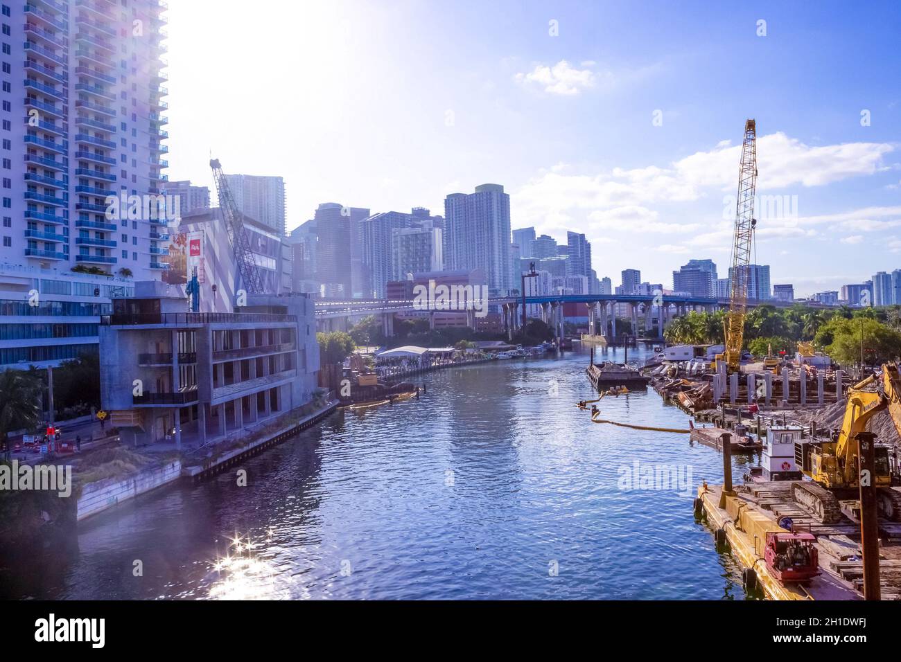 Miami, USA - November 30, 2019: Downtown Miami cityscape view with condos and office buildings against blue sky. Stock Photo