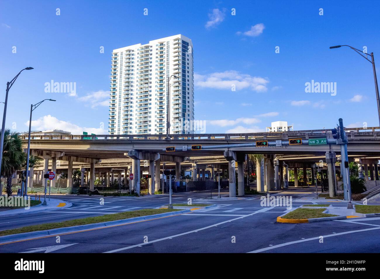 Downtown Miami cityscape view with condos and office buildings against blue sky. Stock Photo