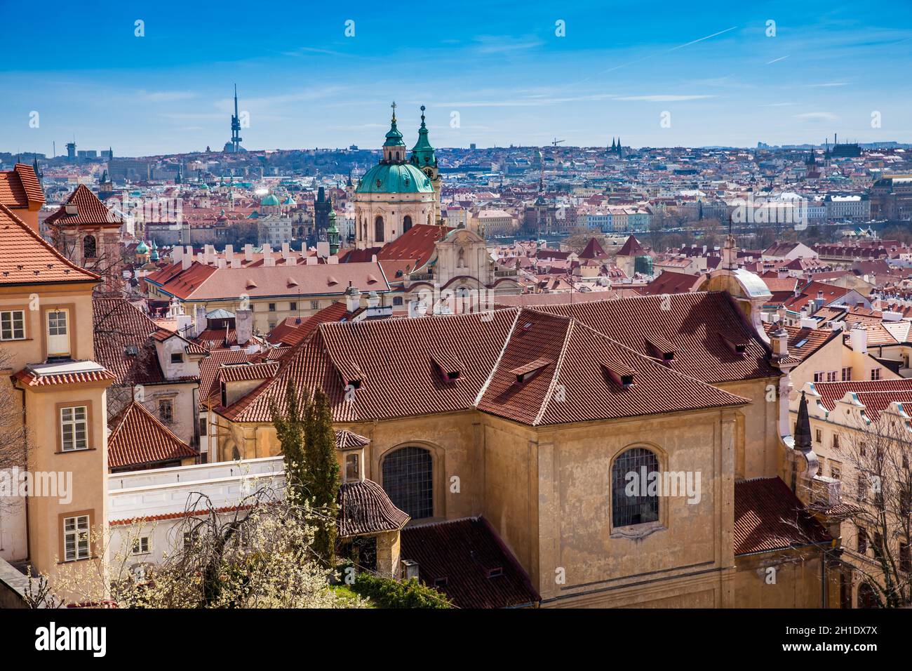 Prague city seen from the Petrin Gardens at the begining of spring ...