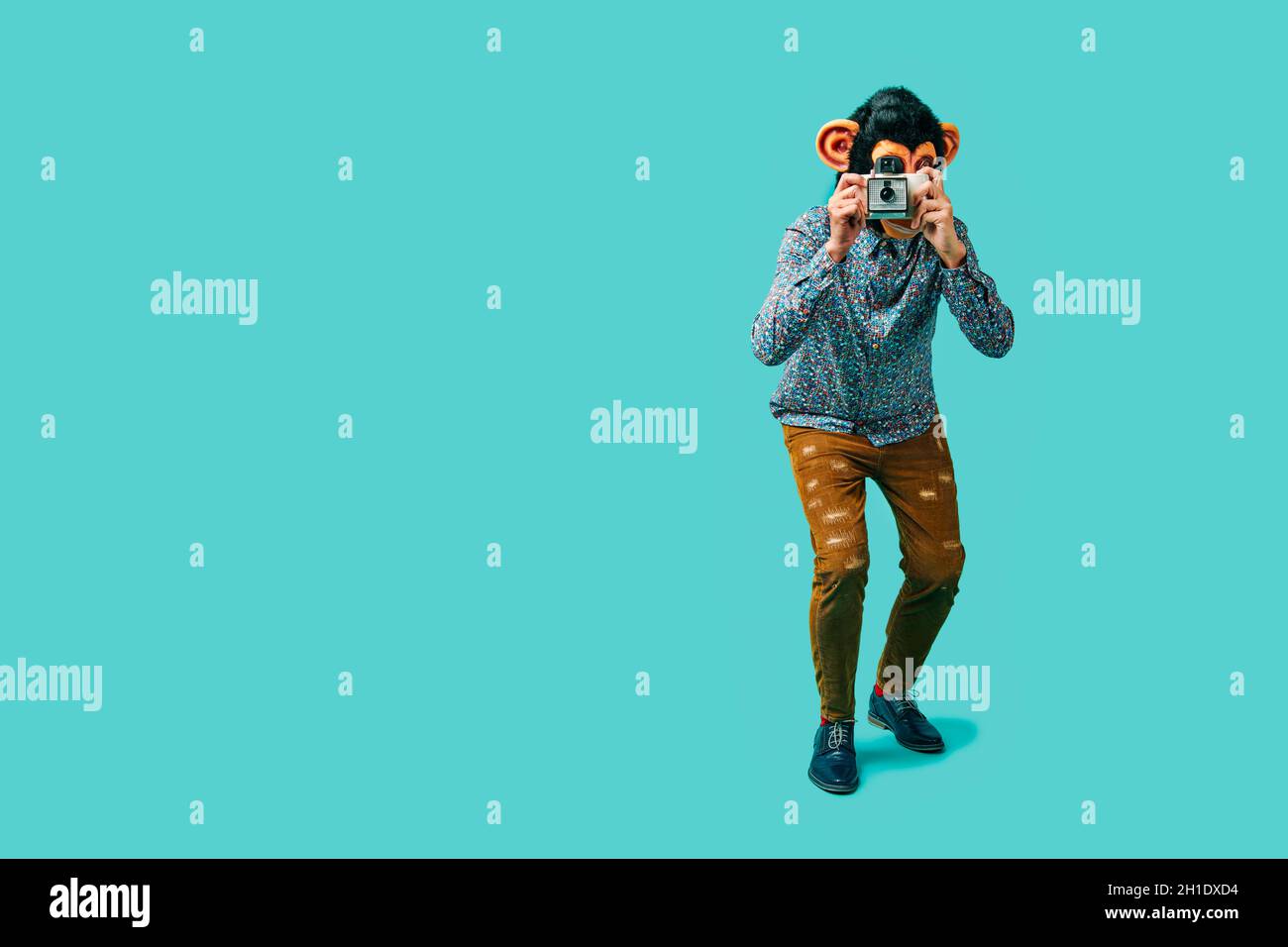 a young man, wearing a monkey mask, takes a picture with a retro instant camera, standing on a blue background with some blank space on the left Stock Photo