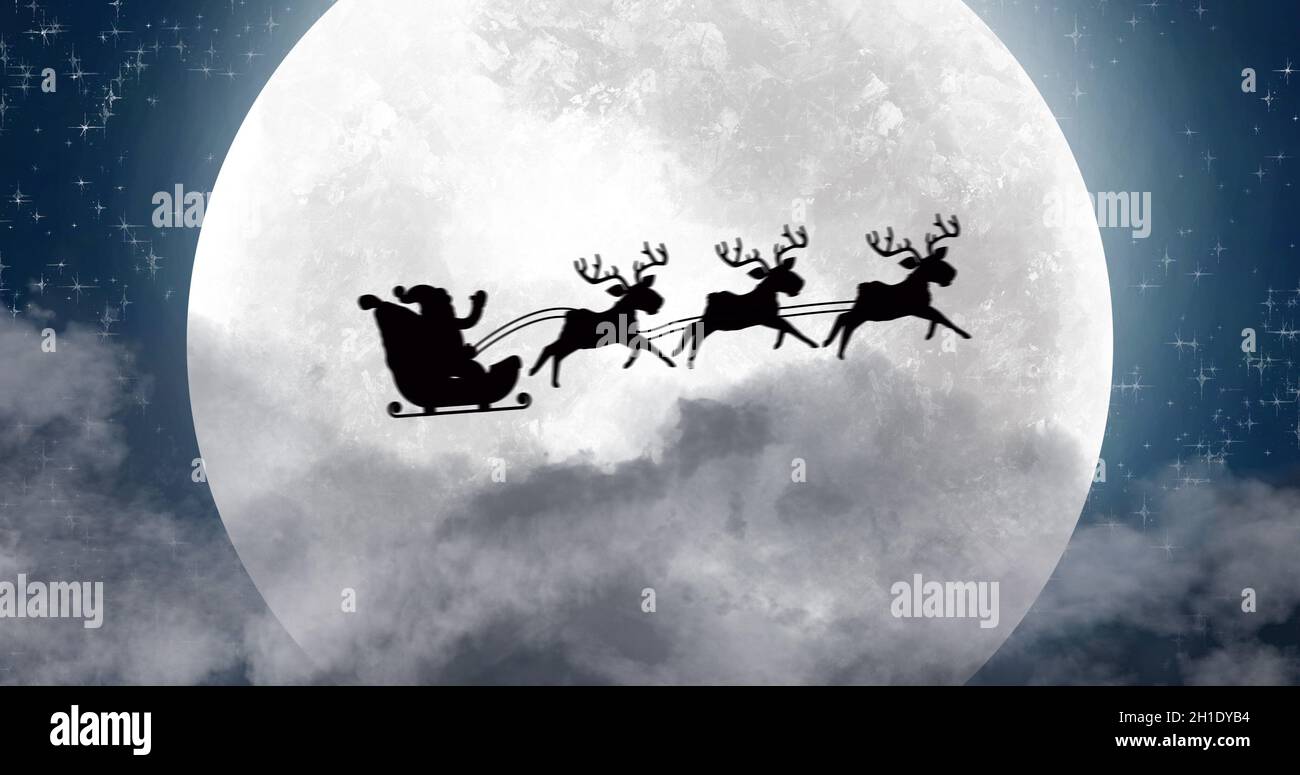 Silhouette of Santa Claus in sleigh being pulled by reindeers against ...