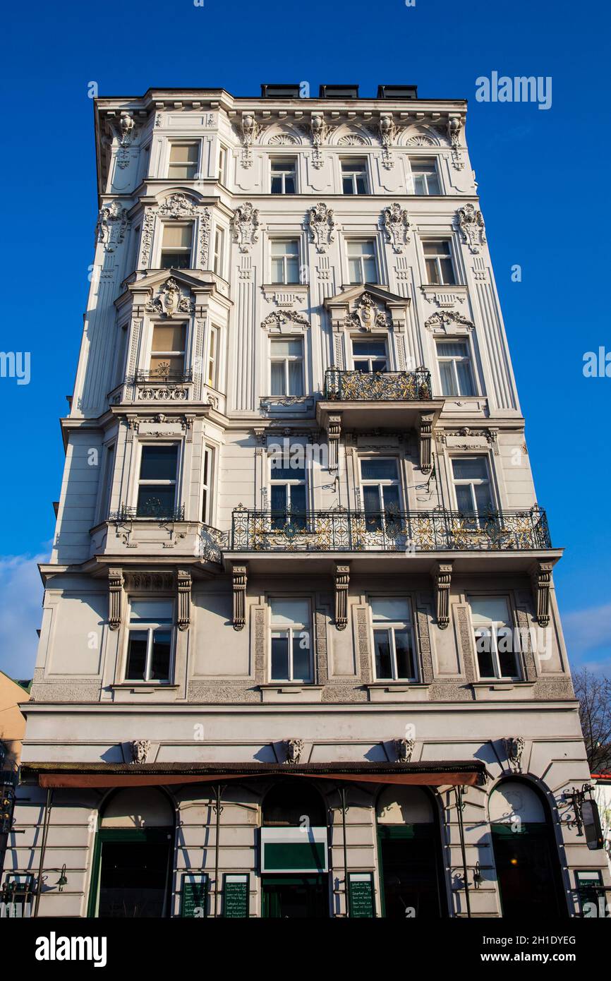 VIENNA, AUSTRIA - APRIL, 2018: Beautiful  architecture of the antique buildings at Linke Wienzeile in Vienna city center Stock Photo