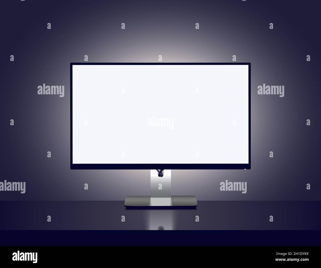 Blank monitor with backlight over gray wall in dark room. Vector