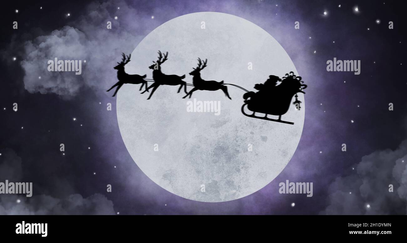 Silhouette of Santa Claus in sleigh being pulled by reindeers against ...