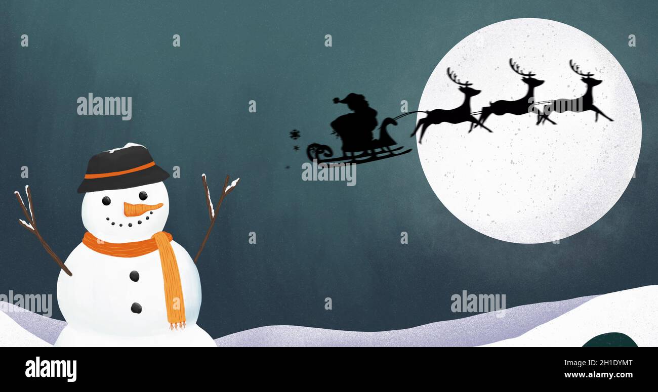 Silhouette of Santa Claus in sleigh being pulled by reindeers against ...
