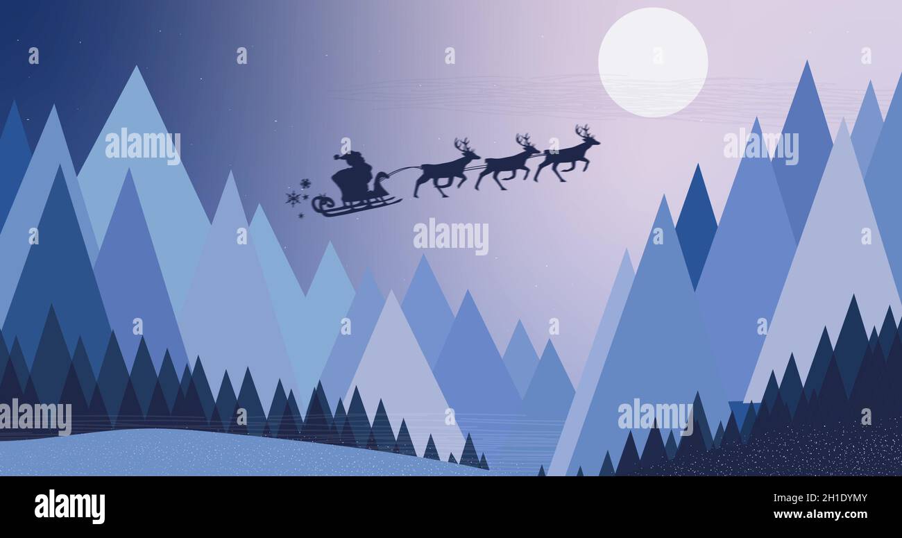 Silhouette of Santa Claus in sleigh being pulled by reindeers against ...