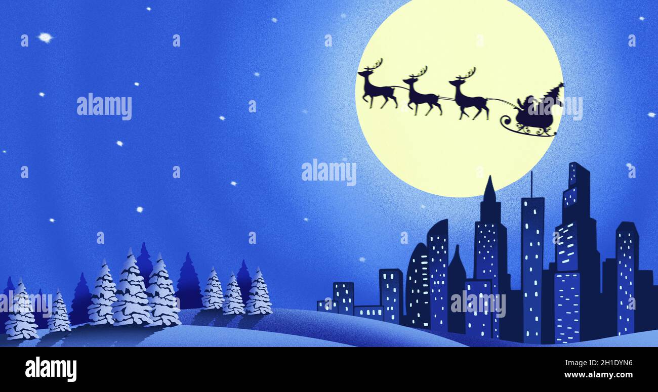 Silhouette of Santa Claus in sleigh being pulled by reindeers against ...