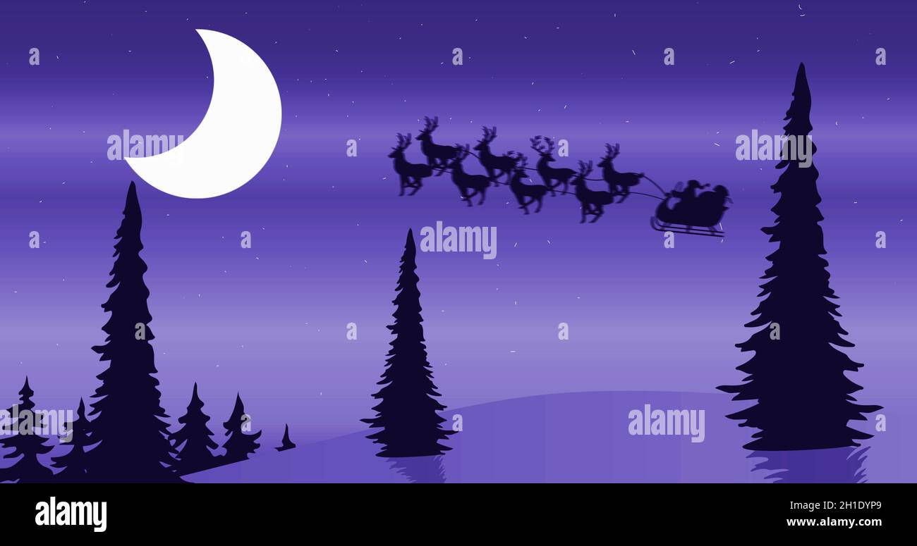 Image of black silhouette of santa claus in sleigh being pulled by ...