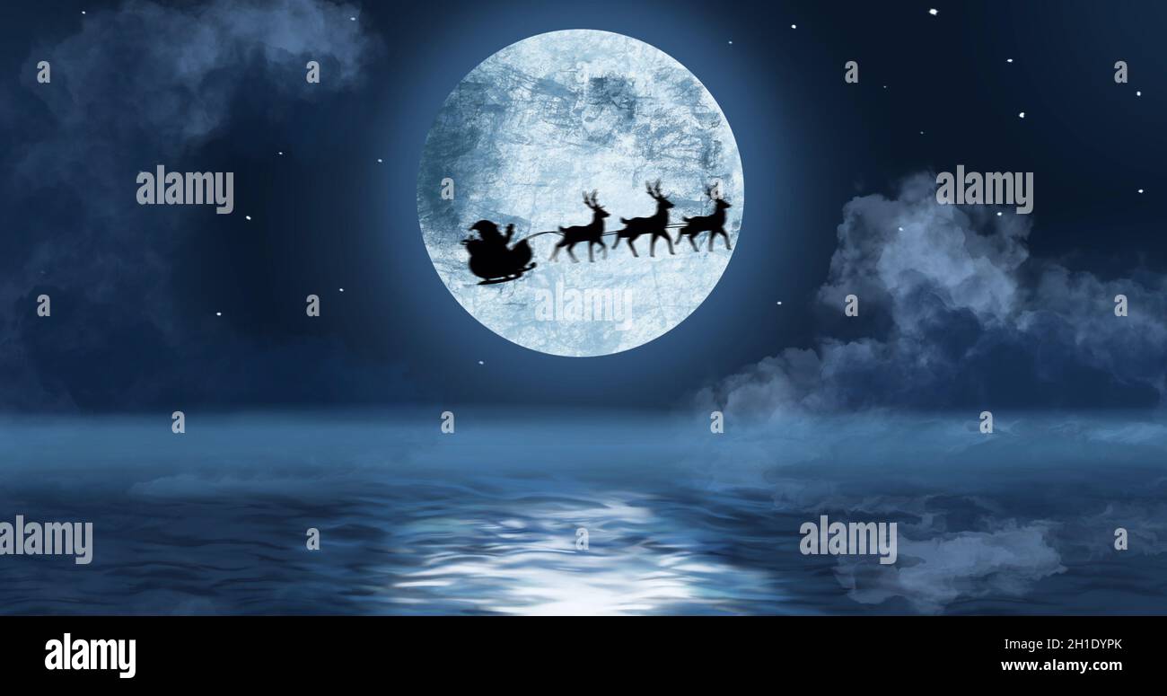 Silhouette of Santa Claus in sleigh being pulled by reindeers against ...