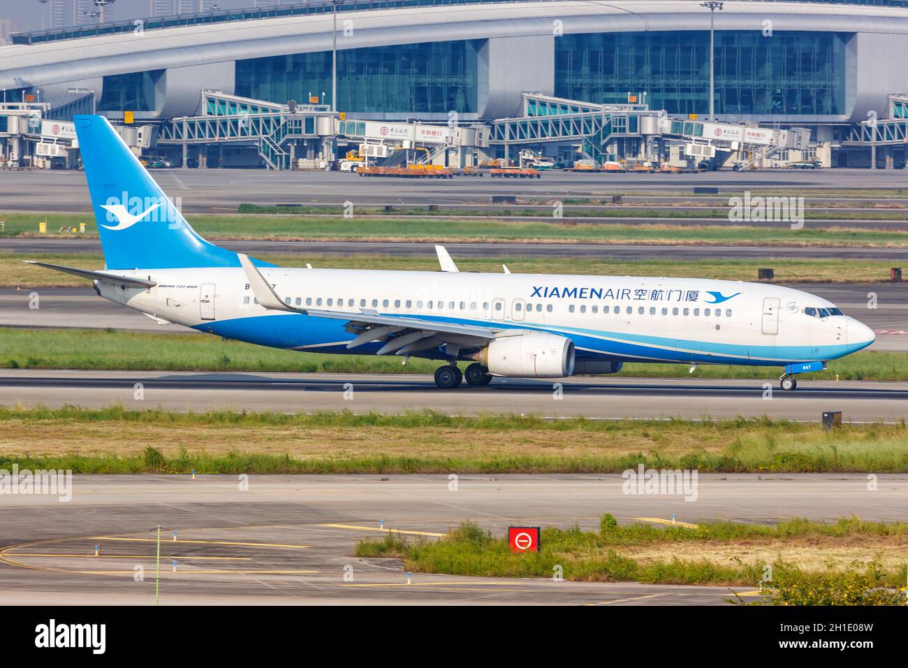 Guangzhou, China – September 25, 2019: Xiamenair Boeing 737-800 airplane at Guangzhou Baiyun airport (CAN) in China. Boeing is an American aircraft ma Stock Photo