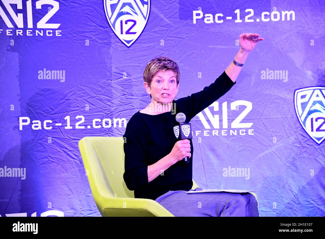 Moderator Ann Schatz address to the media during Pac-12 women's basketball media day, Tuesday, Oct. 12, 2021, in San Francisco. (Gerome Wright/Image o Stock Photo