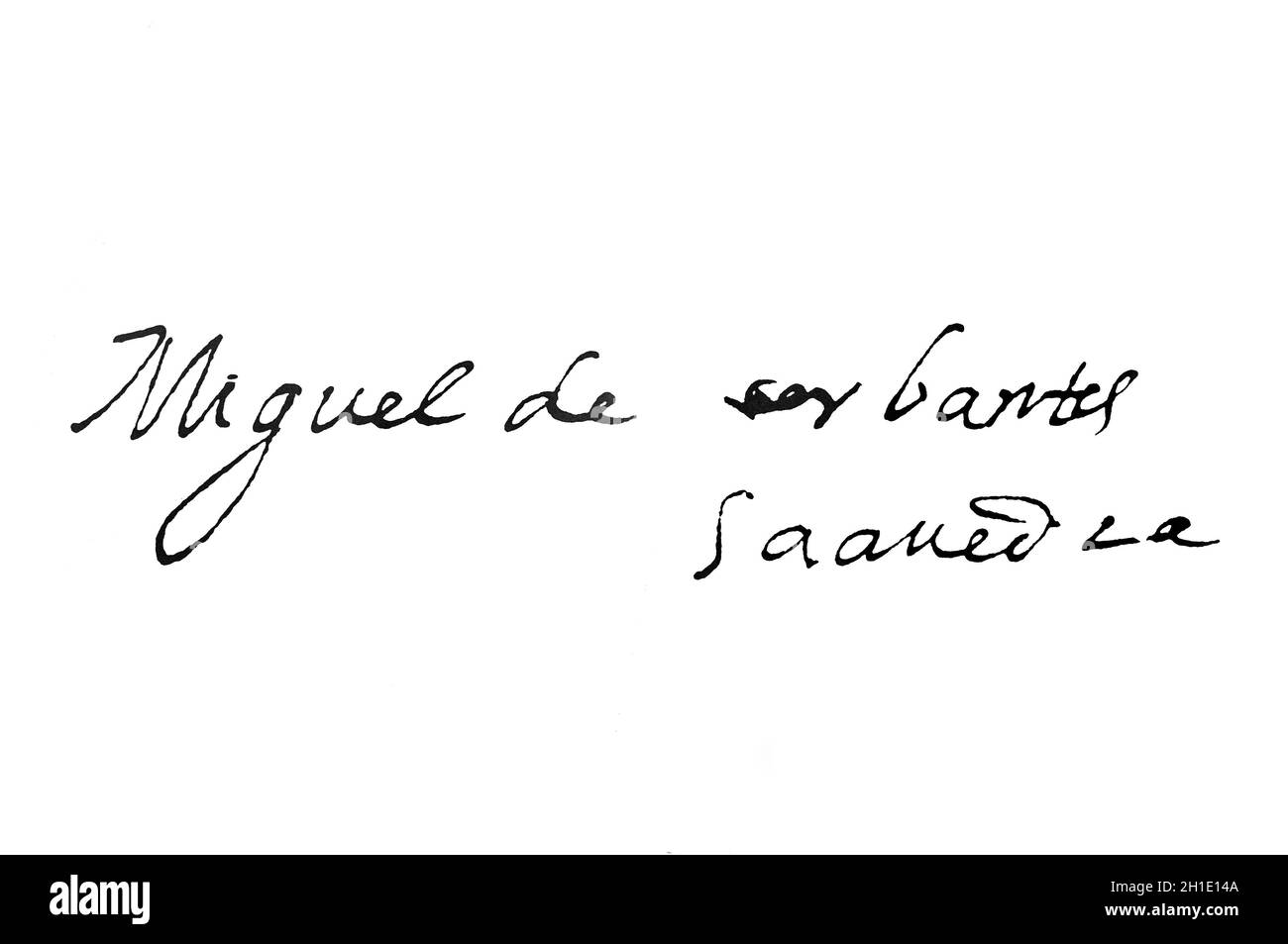 Miguel de Cervantes Saavedra signature, the greatest writer in the Spanish language. Isolated Stock Photo