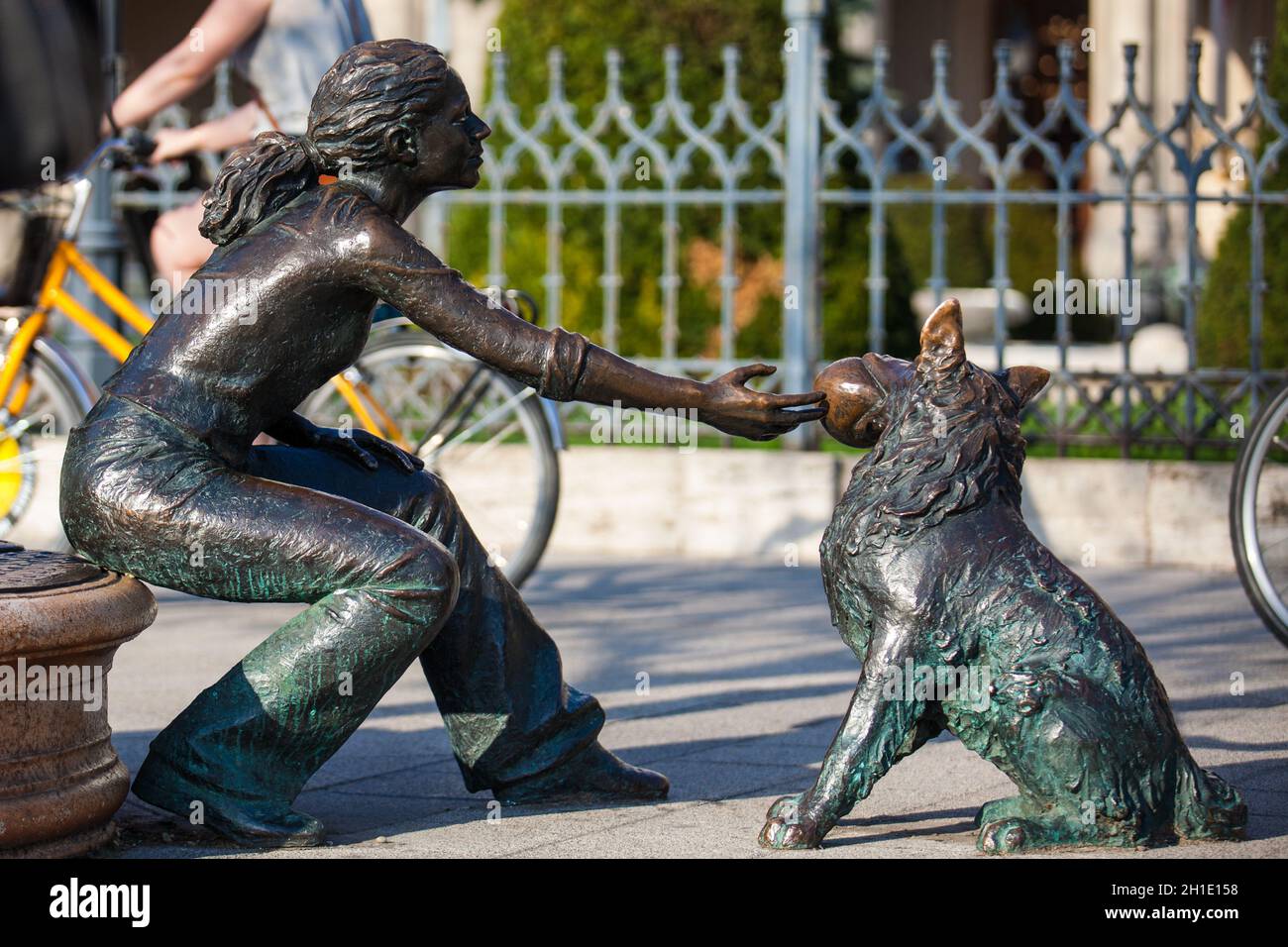 BUDAPEST, HUNGARY APRIL, 2018 Statue of a girl and her dog at the
