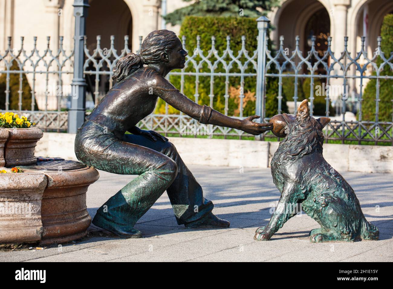 BUDAPEST, HUNGARY APRIL, 2018 Statue of a girl and her dog at the