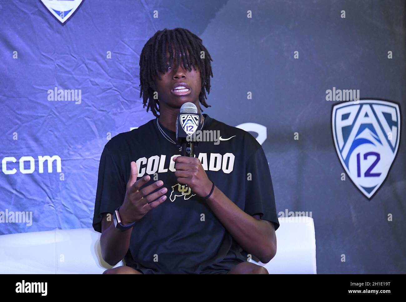 Colorado Buffalos Mya Hollingshead answering questions  during Pac-12 women's basketball media day, Tuesday, Oct. 12, 2021, in San Francisco. (Gerome Stock Photo