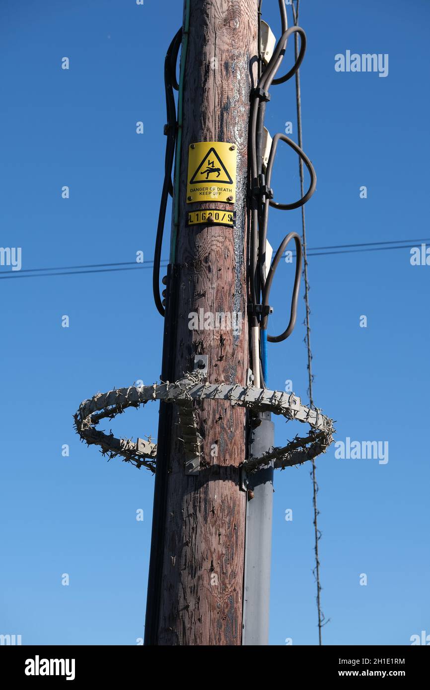 Electricity supply pole in small village with warnings of danger and high voltage. Stock Photo