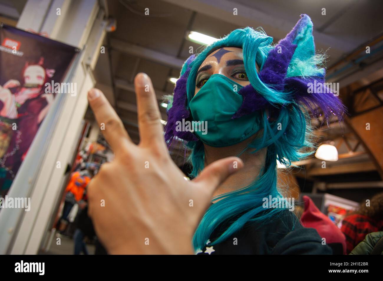 Cosplayers use costumes of League of Legends game characters during the first day of the SOFA (Salon del Ocio y la Fantasia) 2021, a fair aimed to the Stock Photo