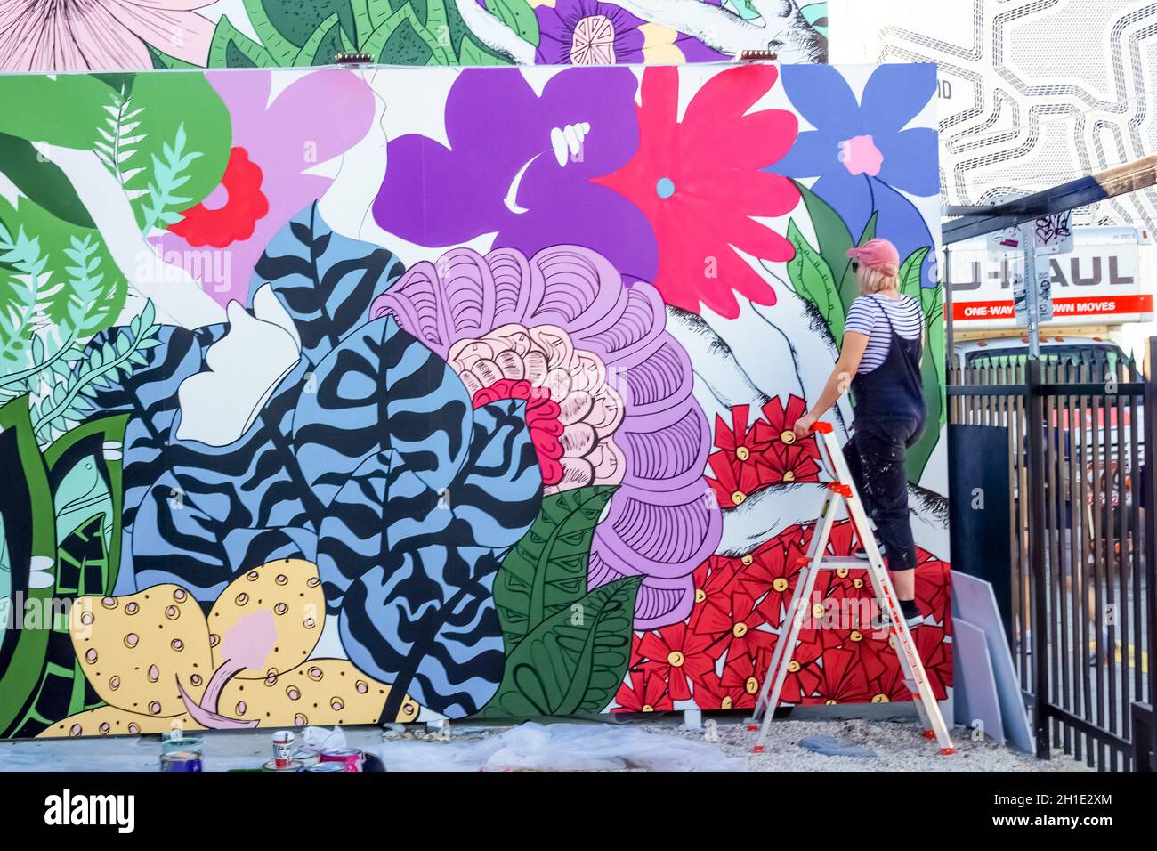 Miami, United States of America - November 30, 2019: The artist working at Art Wynwood in Miami, USA. Wynwood is a neighborhood in Miami Florida which Stock Photo