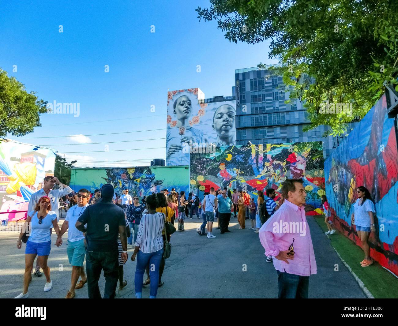 Miami, United States of America - November 30, 2019: The people at Art Wynwood in Miami, USA. Wynwood is a neighborhood in Miami Florida which has a s Stock Photo