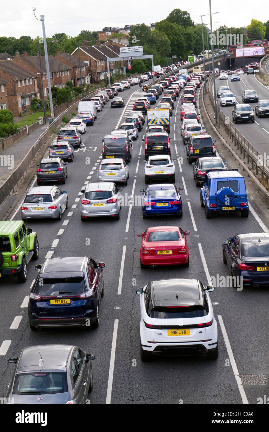 Heavy daytime traffic which has come to a standstill on the A.3 Bypass near to New Malden, South London causing major traffic congestion for vehicles. Stock Photo