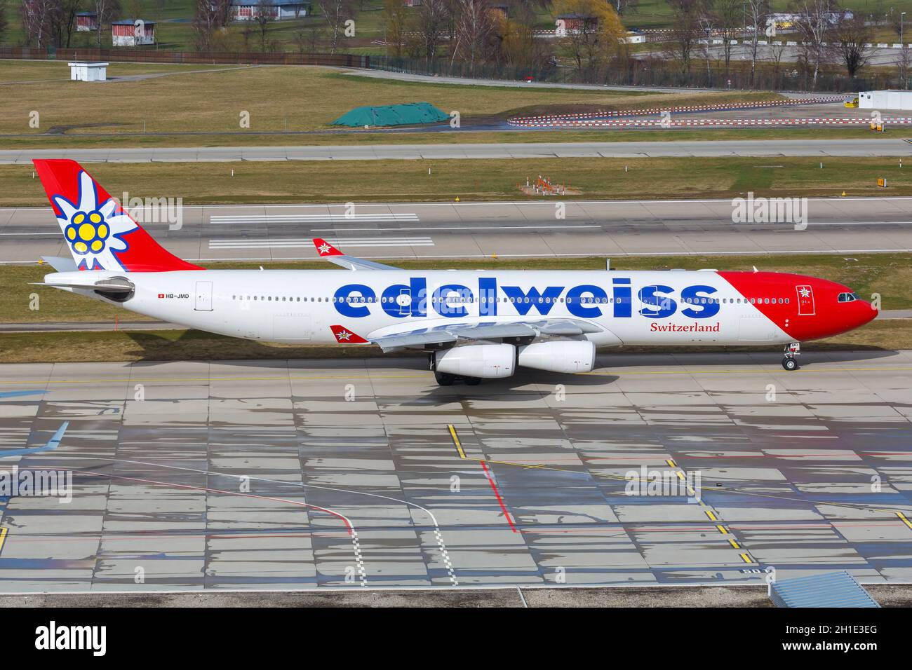 Zurich, Switzerland – February 10, 2020: Edelweiss Airbus A340 airplane at Zurich airport (ZRH) in Switzerland. Airbus is a European aircraft manufact Stock Photo