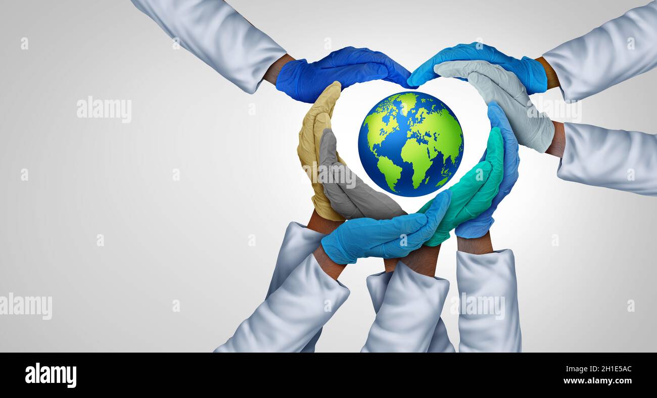 Global Medical teamwork and international medicine or world doctors unity and united health care partnership as doctor hands in a group of diverse. Stock Photo