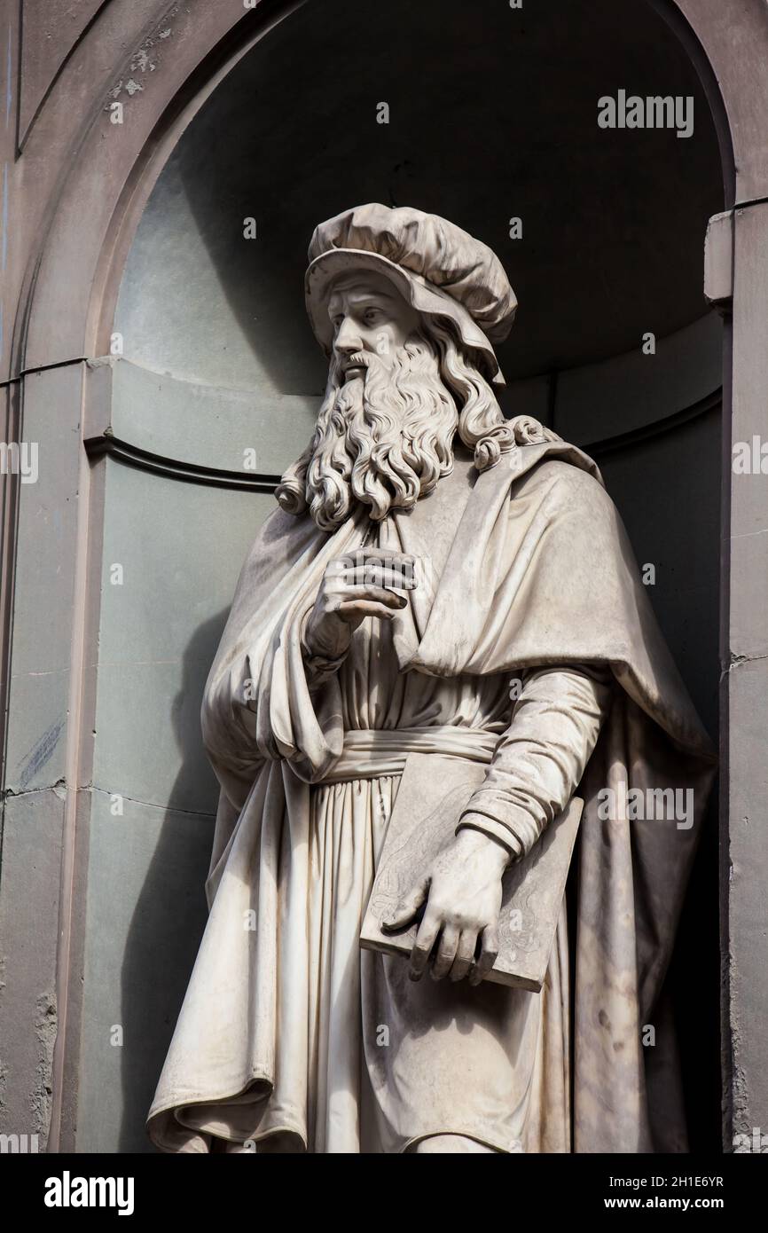 FLORENCE, ITALY APRIL, 2018 Statue of Leonardo Da Vinci at the