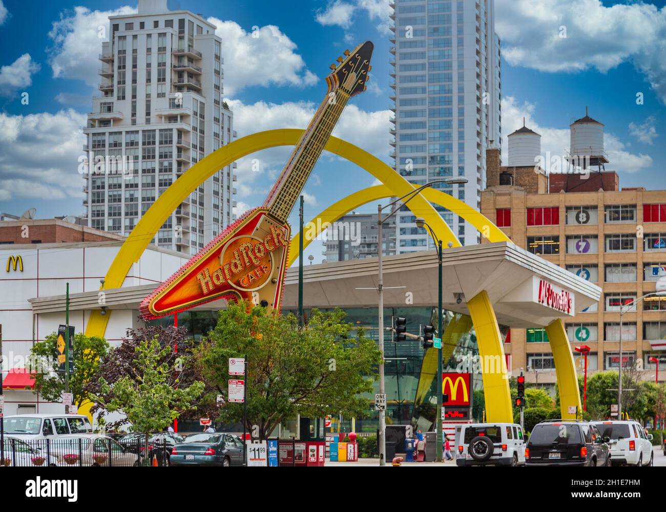 CHICAGO, ILLINOIS - June 25, 2014: Hard Rock Cafe Inc. is a chain of theme restaurants founded in 1971 by Isaac Tigrett and Peter Morton in London. Stock Photo