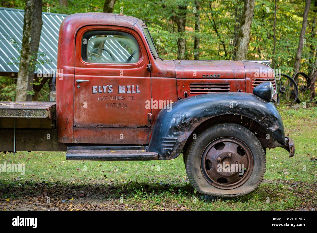 Dodge flatbed truck from the 30s at Ely's Mill along the Roaring Fork Motor Nature Trail in the Great Smoky Mountains National Park Stock Photo