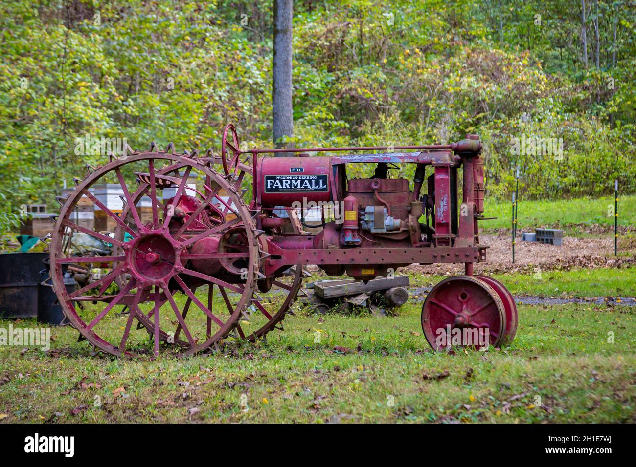 Antique Farmall F-14 tractor at Ely's Mill along the Roaring Fork Motor Nature Trail in the Great Smoky Mountains National Park Stock Photo
