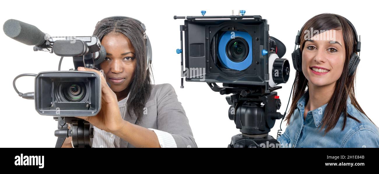 two young women with a professional video camera and headphone Stock Photo