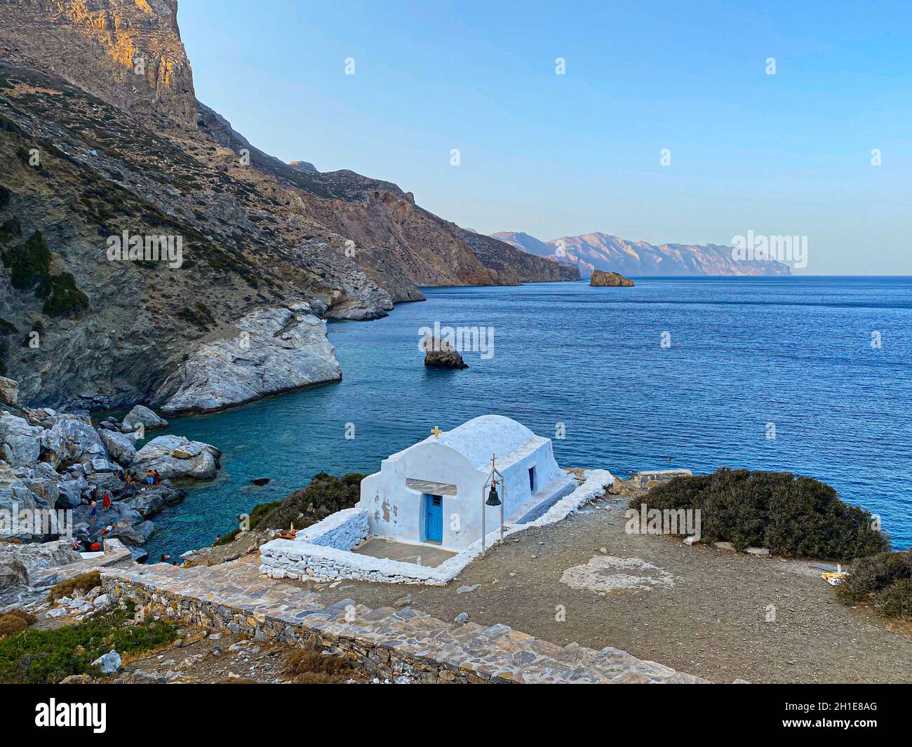 Agia Anna beach with its small white chapel, island, Cyclades