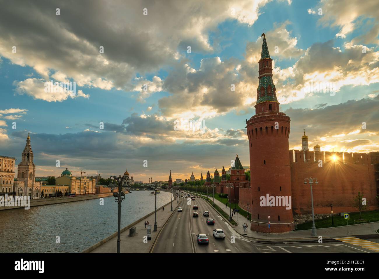 Moscow Russia, sunset city skyline at Kremlin Palace and Moscow River Stock Photo