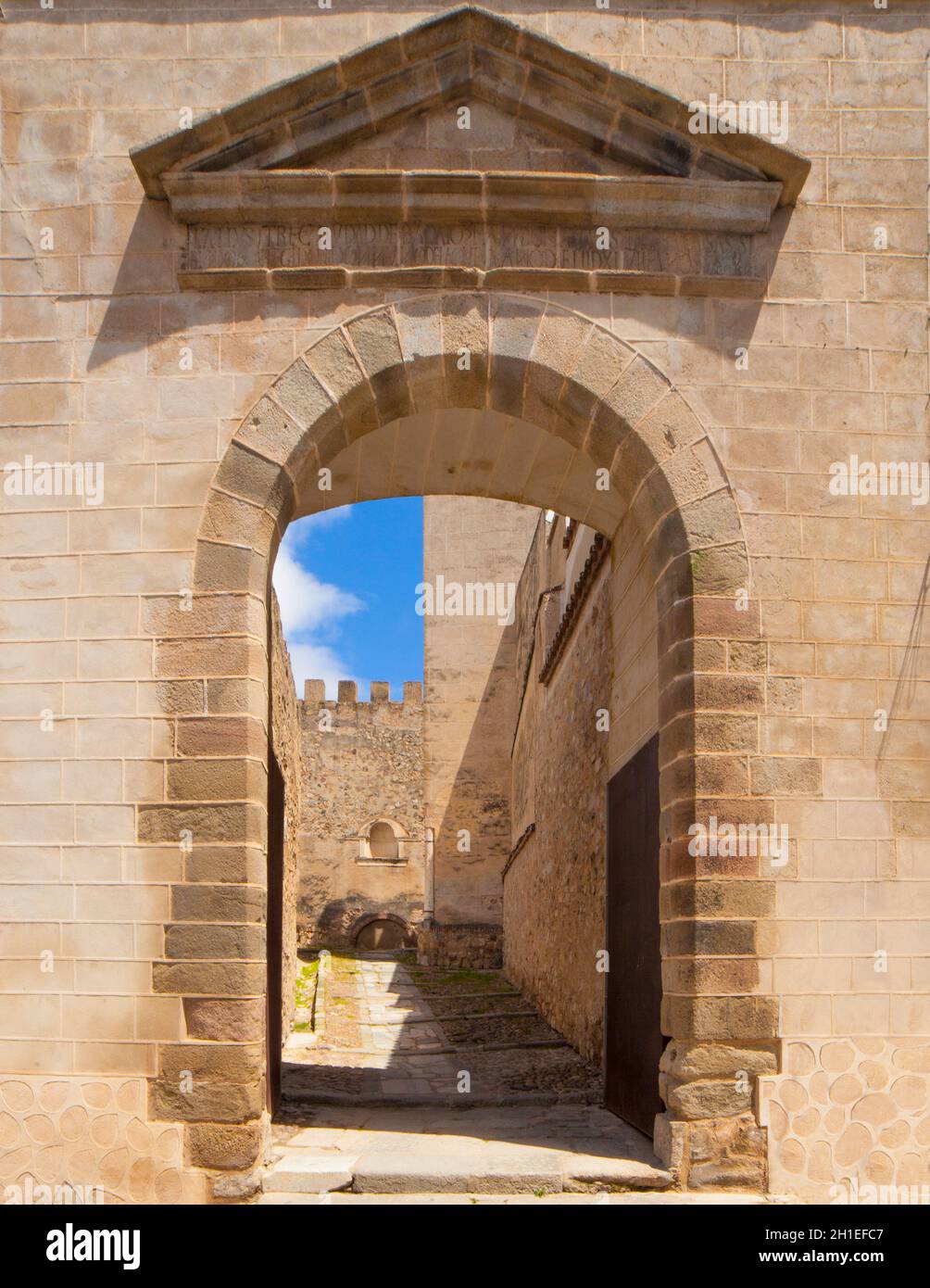 Capital Gate at Badajoz Alcazaba, Extremadura, Spain. San Jose Square exit Stock Photo