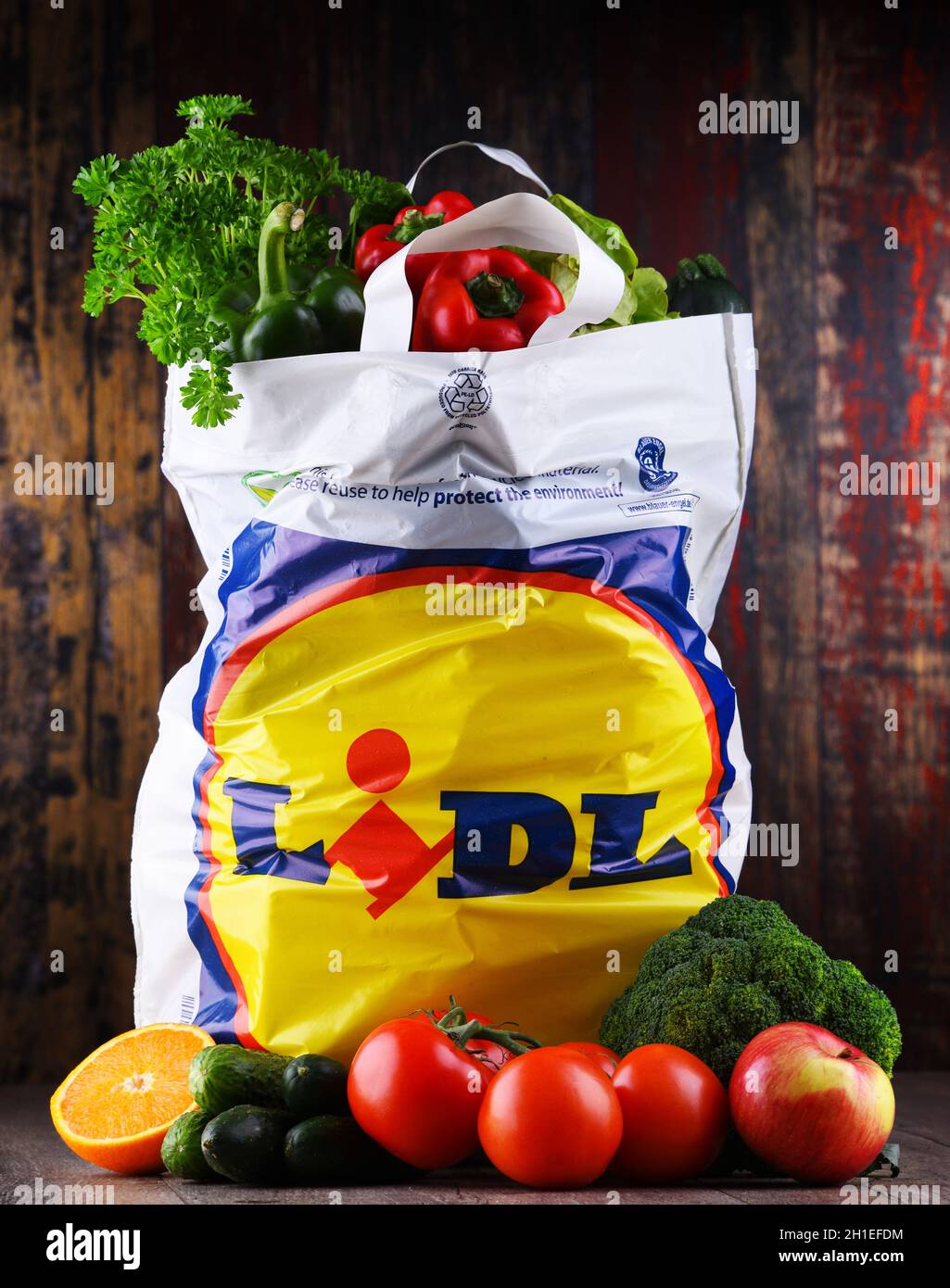 POZNAN, POL APR 29, 2020 Shopping bag from Lidl, a discount