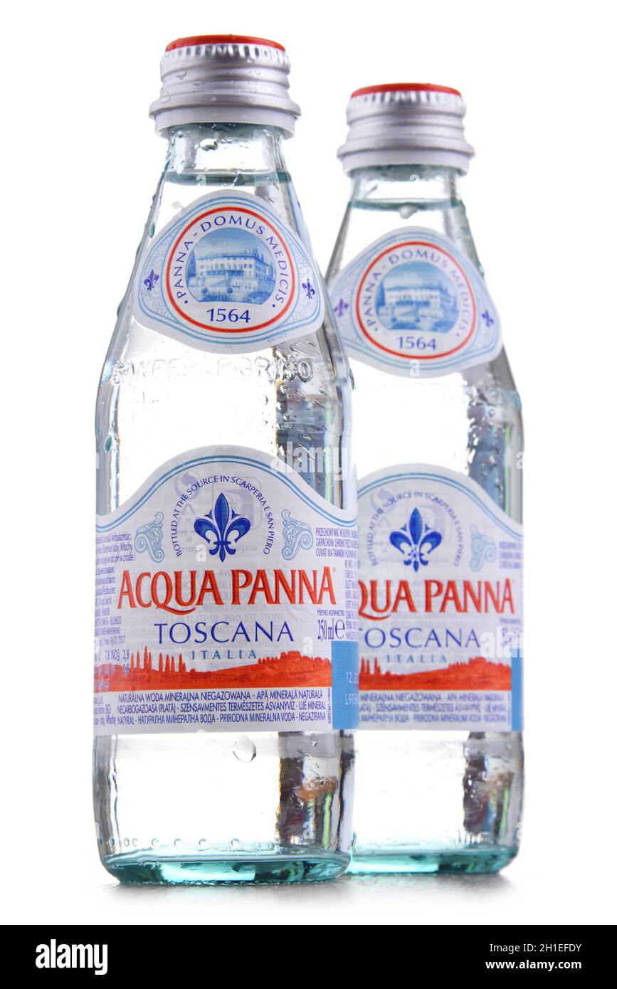 POZNAN, POL APR 30, 2020 Bottles of Acqua Panna, an Italian brand of