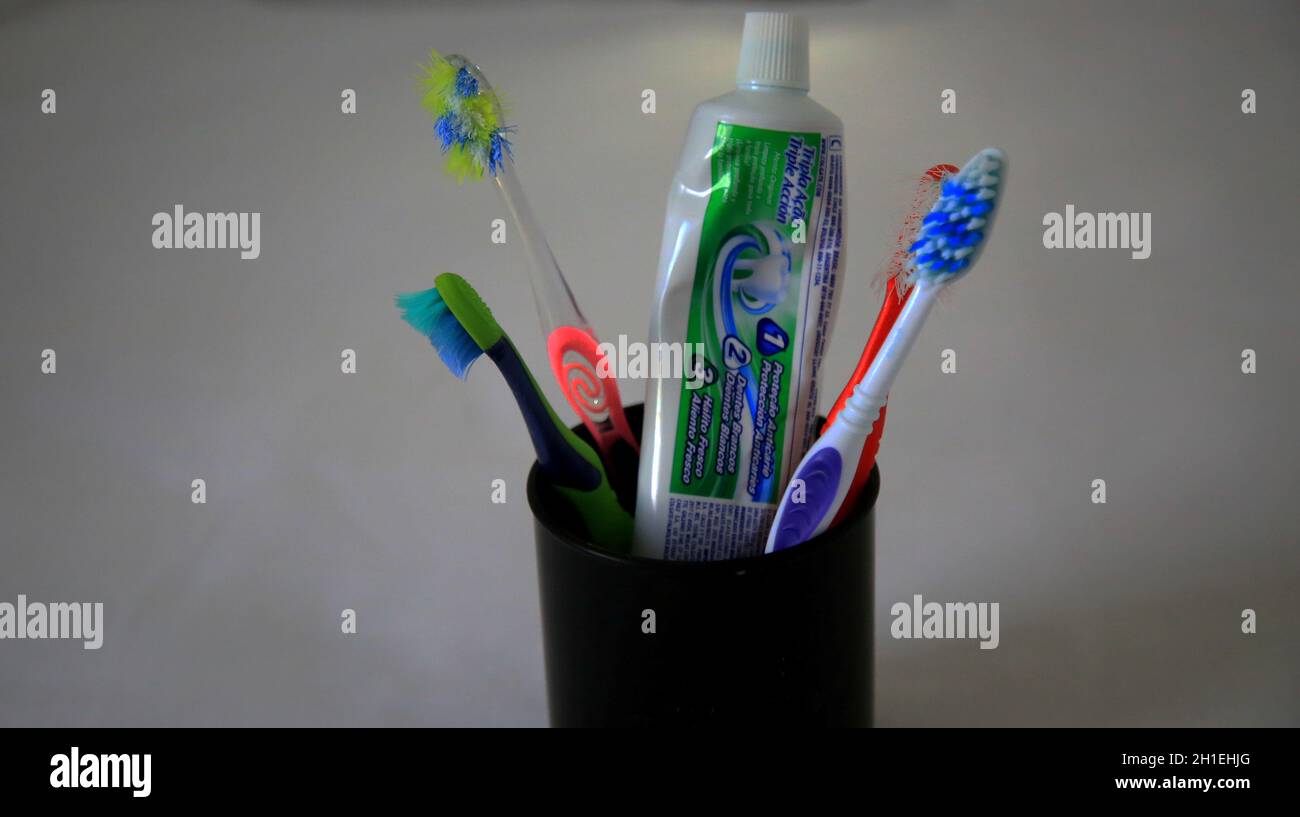 salvador, bahia / brazil - may 5, 2020: toothbrushes and toothpaste are ...