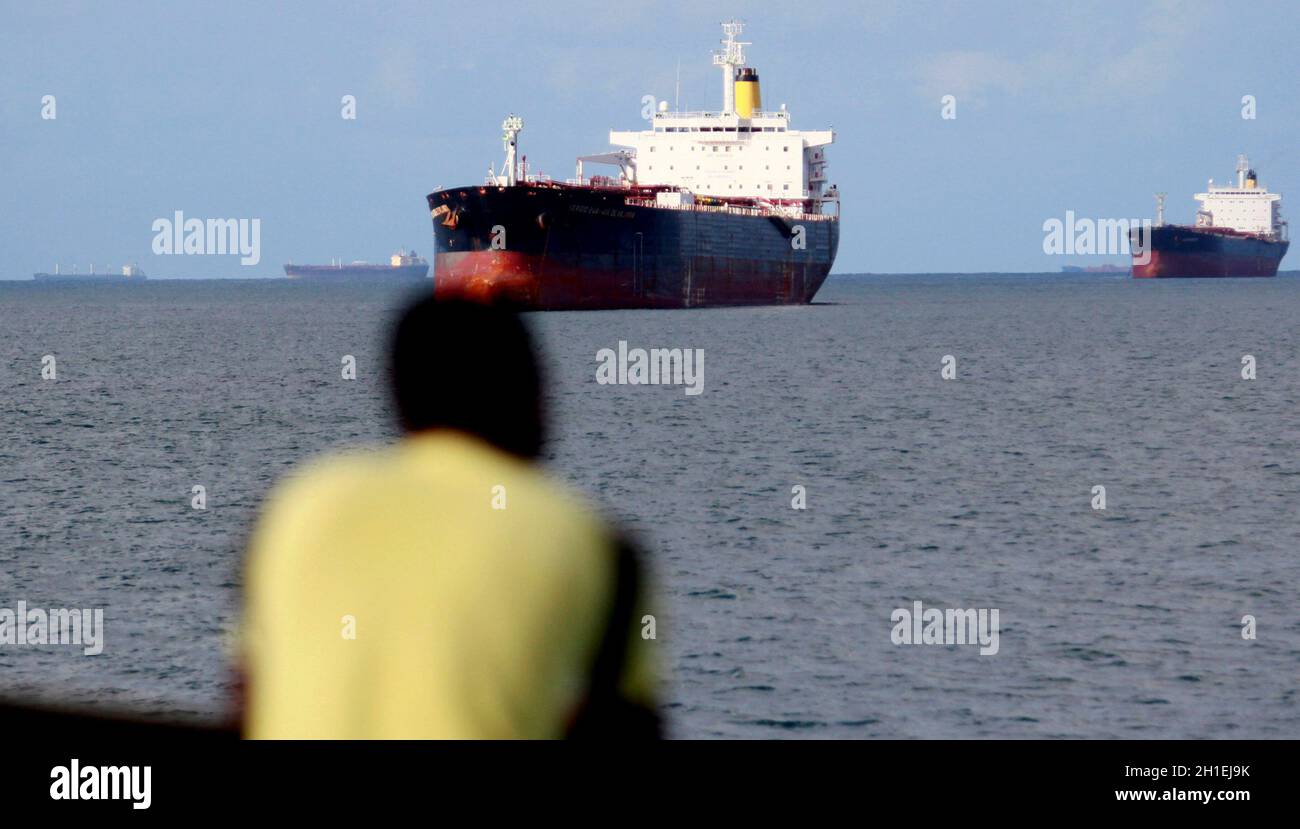 salvador, bahia / brazil -  november 4, 2014: Freighter ships are seen docked in the Todos os Santos Bay in Salvador. *** Local Caption ***  . Stock Photo