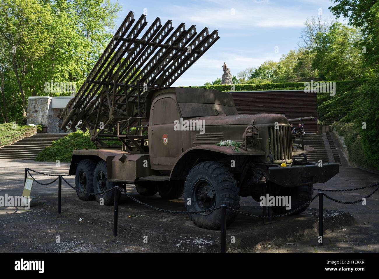 SEELOW, GERMANY - MAY 09, 2020: BM-13 Katyusha multiple rocket launcher, based on a ZIL-157 truck at the site of the Battle of the Seelow Heights duri Stock Photo